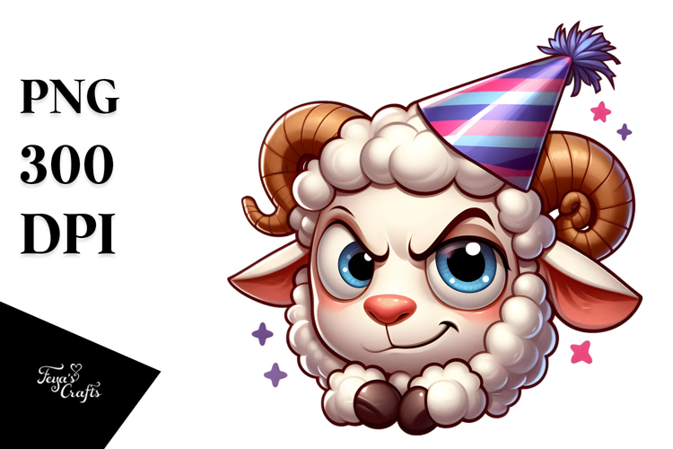 Silly Cartoon Lamb with Party Hat PNG