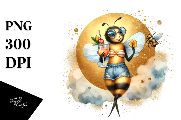 Cute Bee Drinking Cocktail PNG