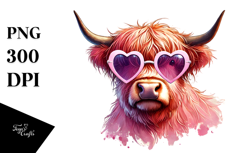 Pink Highland Cow with Heart Sunglasses PNG