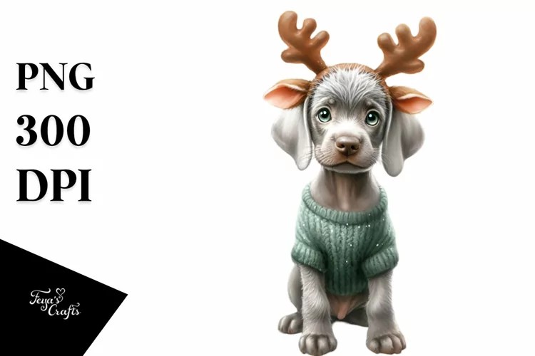 Enthusiastic Baby Weimaraner with Reindeer Horns PNG