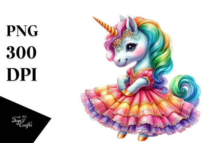 Baby Unicorn in Waltz Dancers Gown, Print-Ready PNG