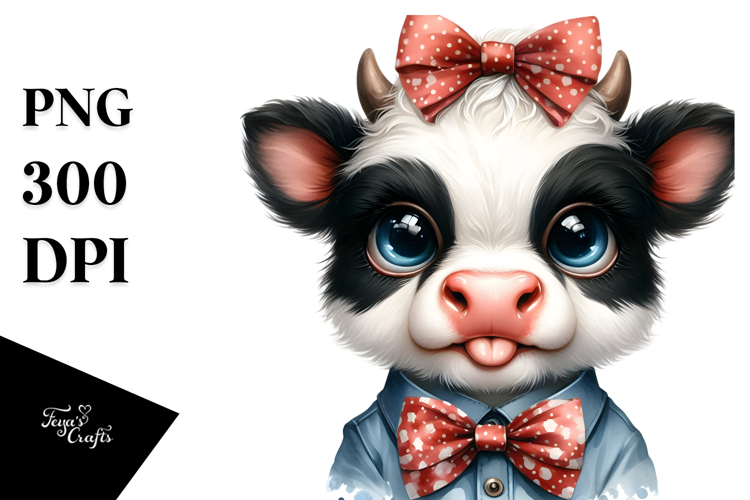 Funny Baby Cow with Bow and Tie PNG