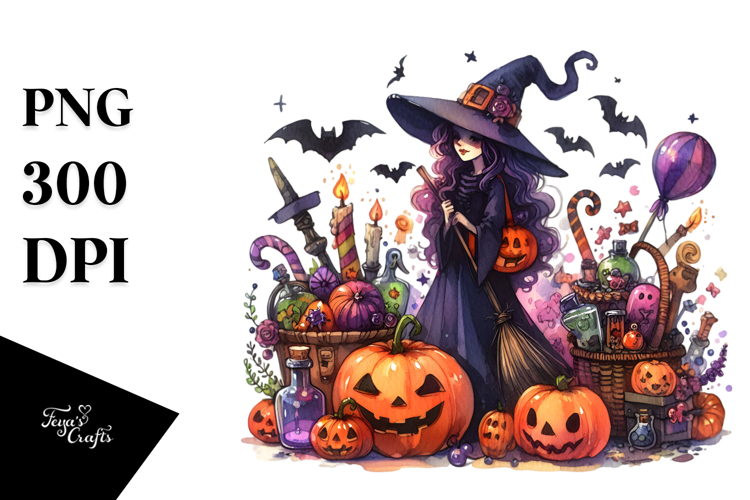 Vibrant Witch Halloween Scene | Sublimation | Clipart.