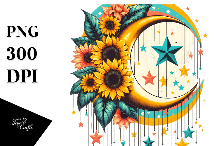 Vibrant Half Moon with Hanging Stars, Transparent PNG