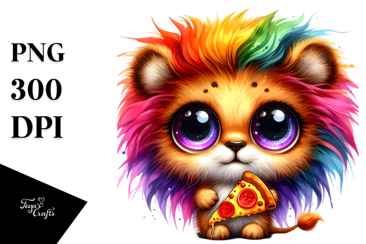 Vibrant Watercolor Lion with Pizza Slice, Transparent PNG