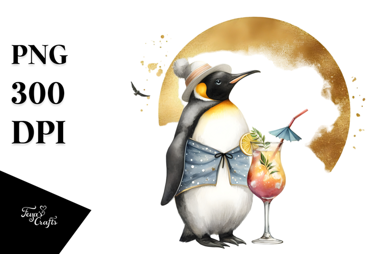 Penguin in Beachwear Drinking Cocktail PNG