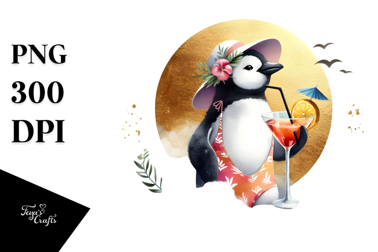 Penguin in Beachwear Drinking Cocktail PNG