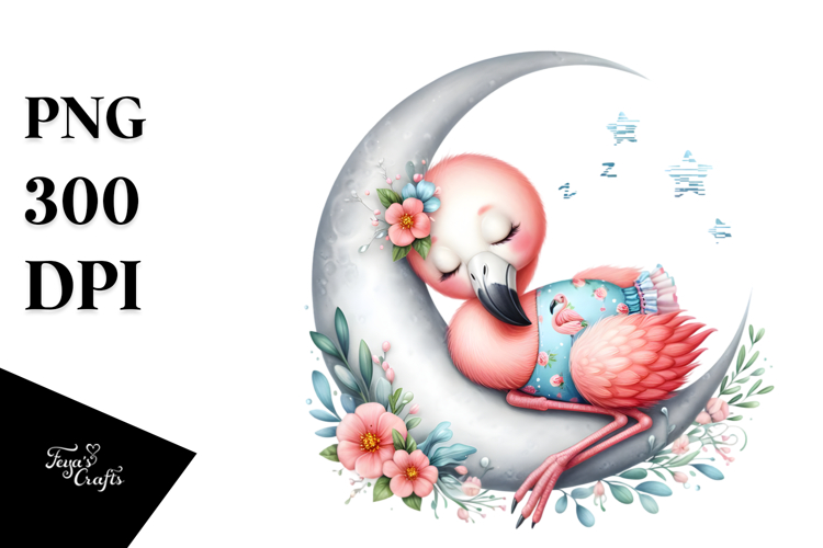 Cute Baby Flamingo Sleeping on Moon | Clipart