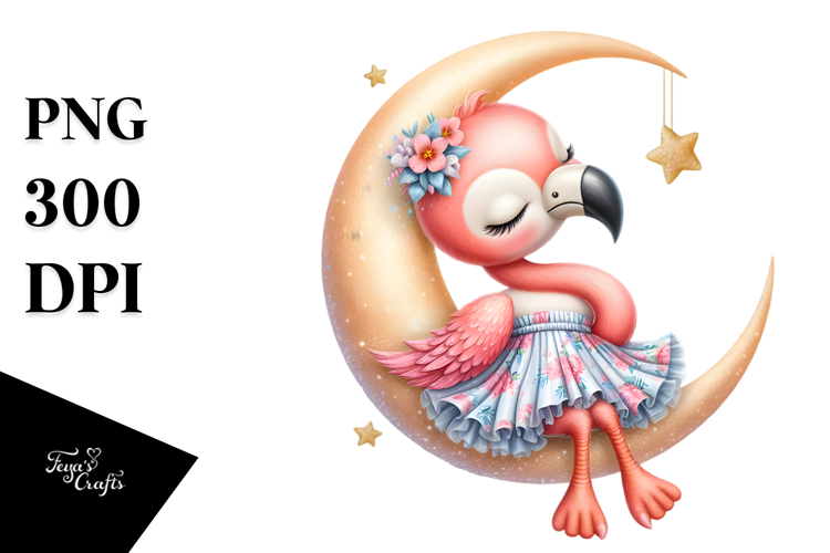 Cute Baby Flamingo Sleeping on Moon | Clipart