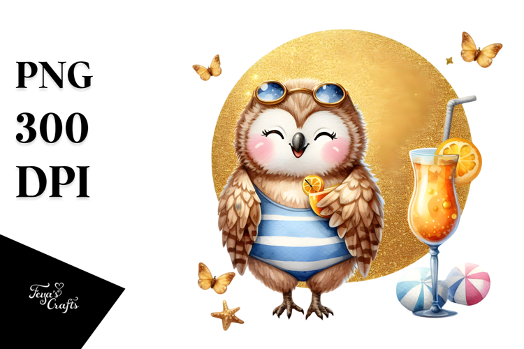 Owl in Beachwear with Cocktail PNG