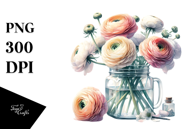 Vibrant Jar with Ranunculus | Sublimation | Clipart.