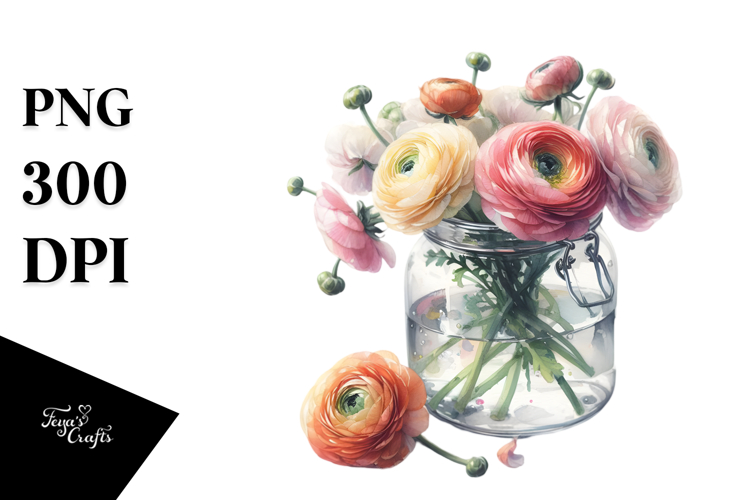 Watercolor Jar Filled with Large Ranunculus | Sublimation