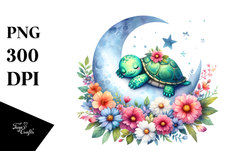 Cute Turtle Sleeping on Moon | Clipart