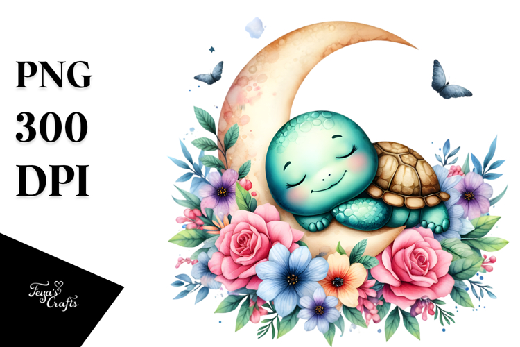 Cute Turtle Sleeping on Moon | Clipart