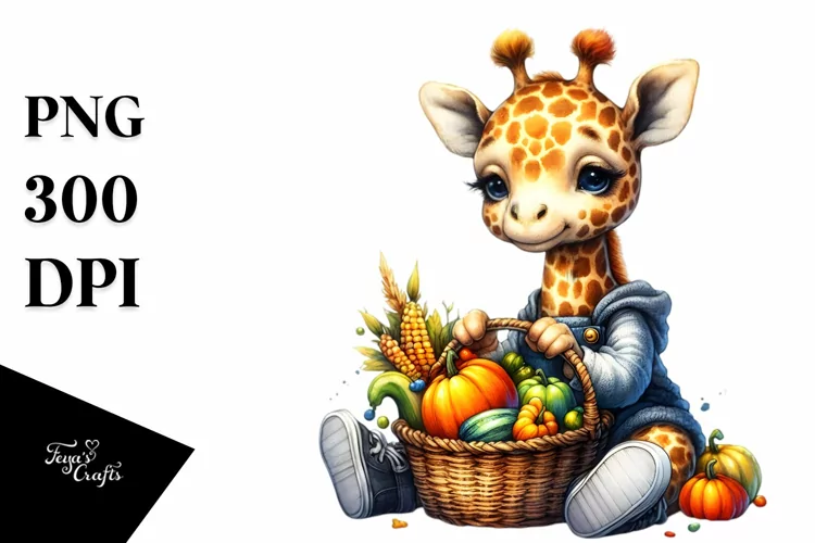 Baby Giraffe Holding Basket of Autumn Vegetables |