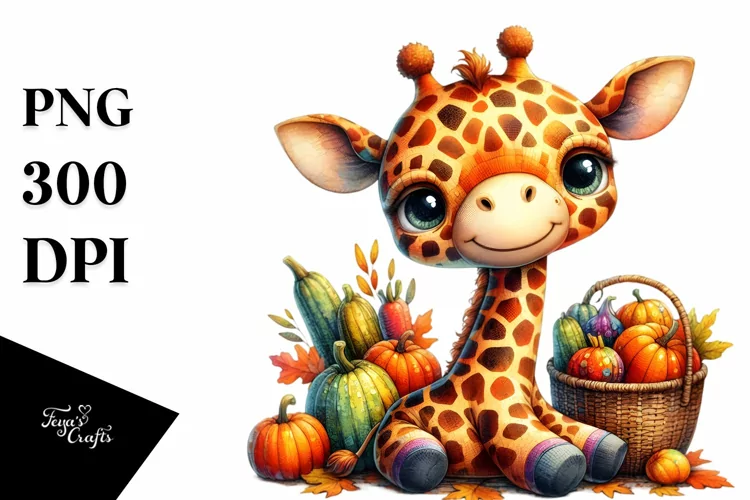 Baby Giraffe Holding Basket of Autumn Vegetables |