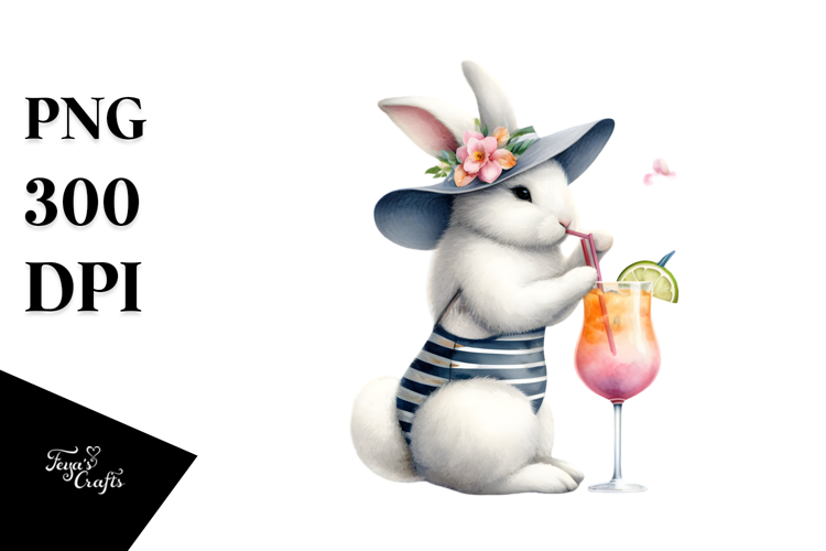 Bunny in Beachwear Drinking Cocktail PNG