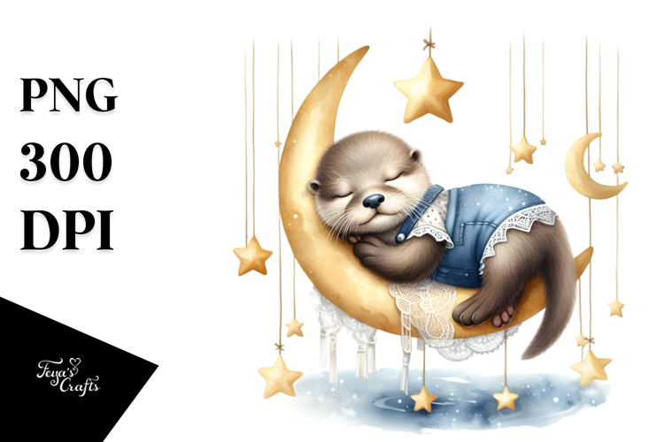 Baby Otter Sleeping on Moon | Clipart