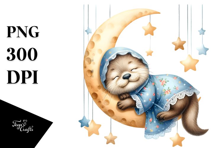 Baby Otter Sleeping on Moon | Clipart
