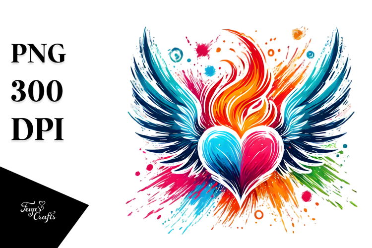 Colorful Heart with Wings and Fire PNG