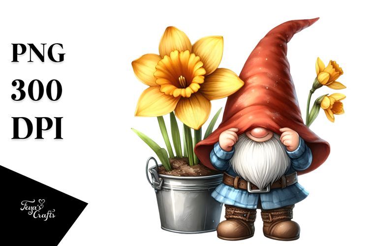 Cute Gnome with Narcissus in a Bucket, Transparent PNG