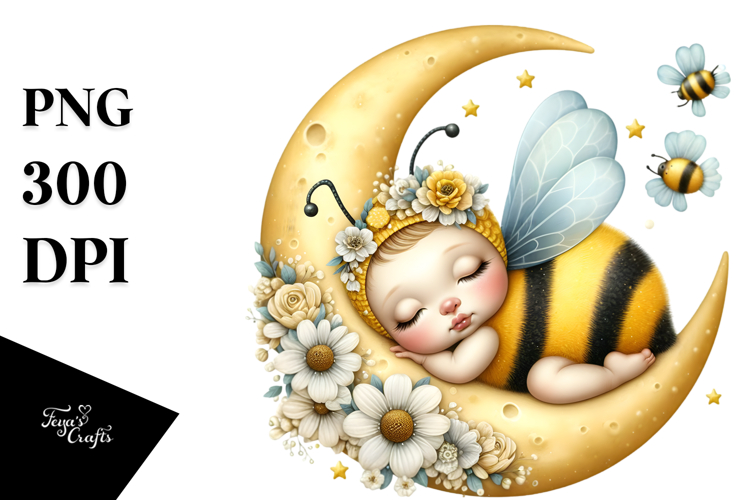 Whimsical Baby Bee Sleeping on Moon Clipart