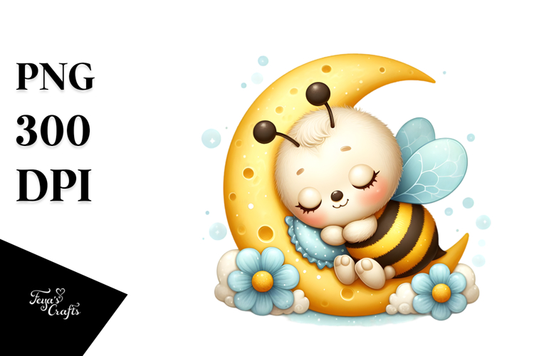 Whimsical Baby Bee Sleeping on Moon Clipart