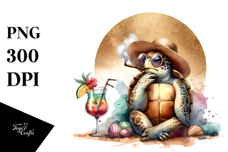 Watercolor Turtle in Beachwear PNG