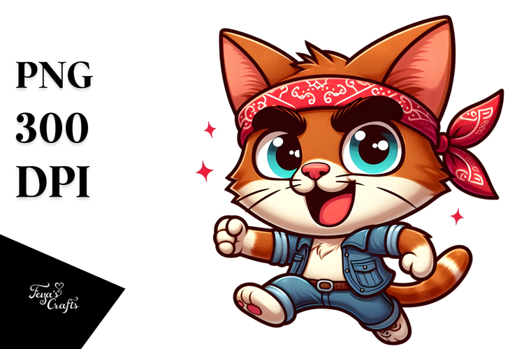 Silly Cartoon Kitten with Bandana PNG