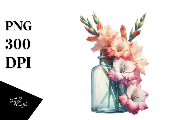 Watercolor Bottle Filled with Large Gladiolus | Sublimation