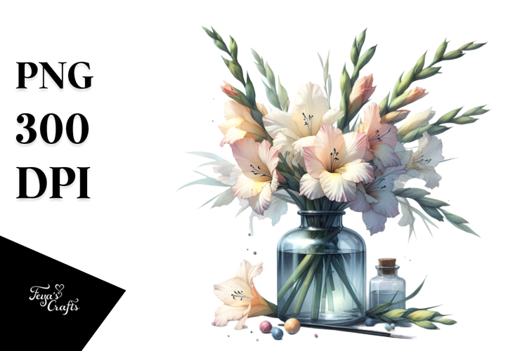 Watercolor Bottle Filled with Large Gladiolus | Sublimation