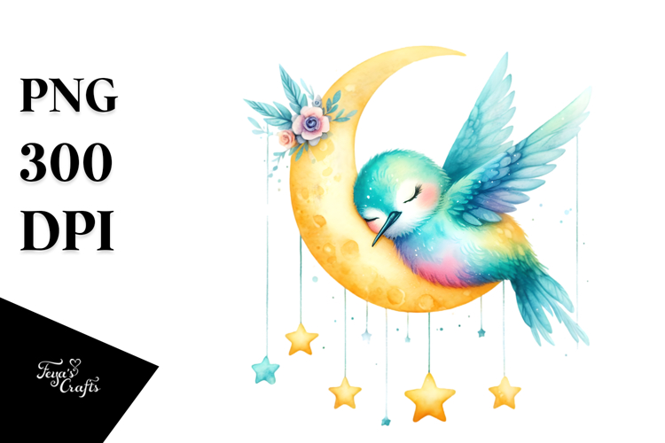 Vibrant Hummingbird Sleeping on Moon Clipart