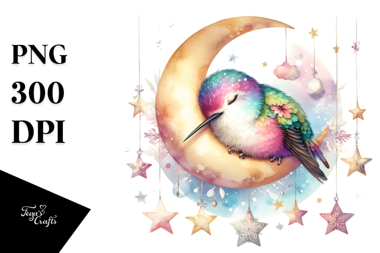 Vibrant Hummingbird Sleeping on Moon Clipart