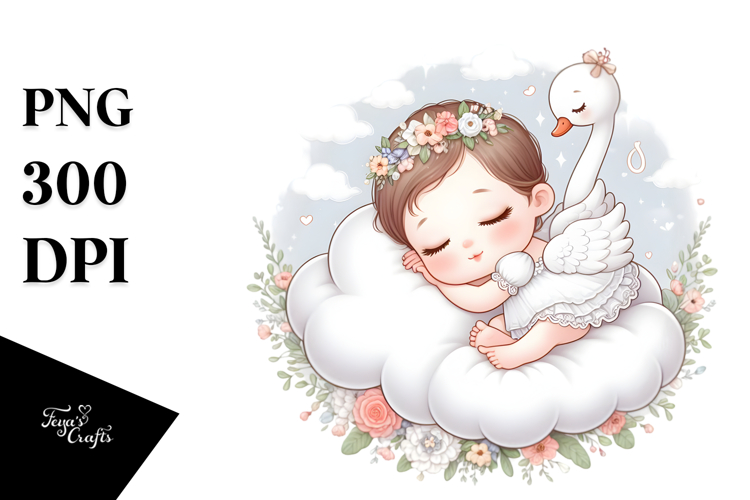 Cute Baby Swan Sleeping on Cloud Clipart