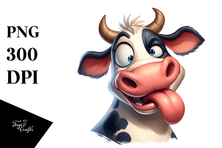 Playful Watercolor Cow with Goofy Expression, High-Res PNG