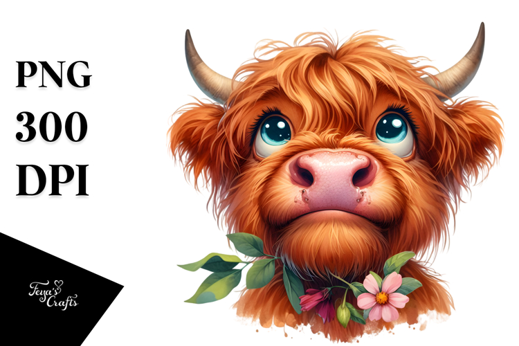 Watercolor Highland Cow Portrait Clipart