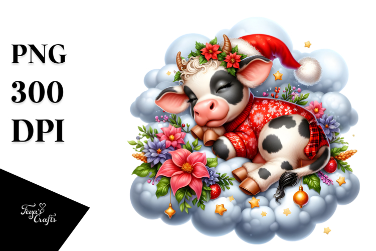 Baby Cow Sleeping on Cloud Christmas Clipart