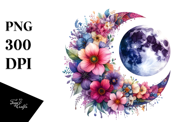Vibrant Moon with Flowers PNG