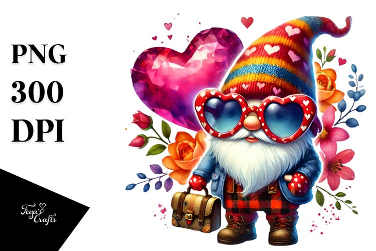 Valentines Gnome with Heart Sunglasses in Watercolor PNG