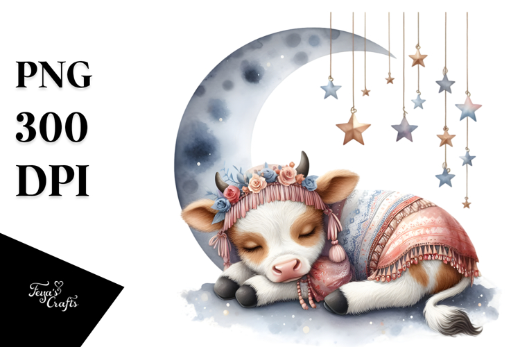 Baby Cow Sleeping on Moon Watercolor Clipart