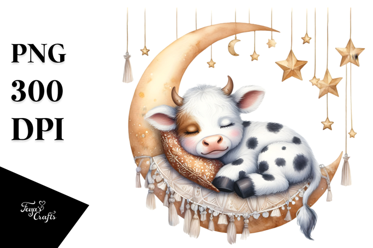 Watercolor Boho Baby Cow Sleeping on Moon Clipart