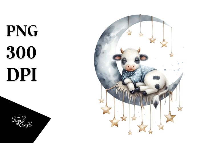 Watercolor Boho Baby Cow Sleeping on Moon Clipart