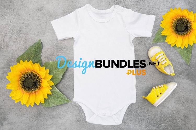 White baby bodysuit mockup sunflowers decoration. Plain bodysuit mock up