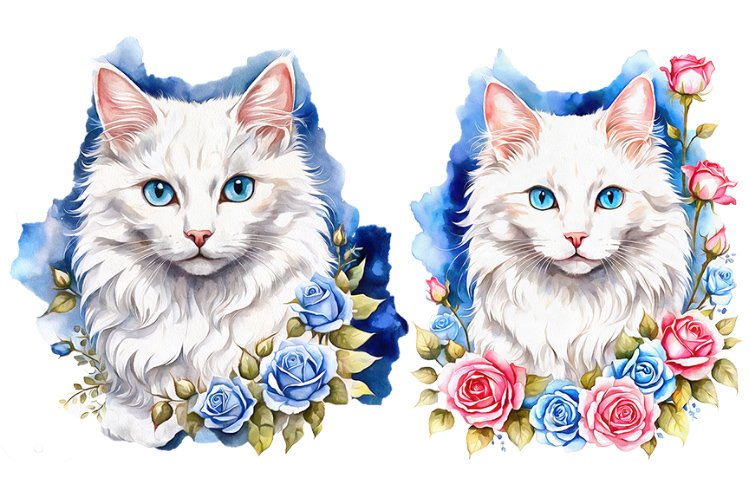 White cat with roses