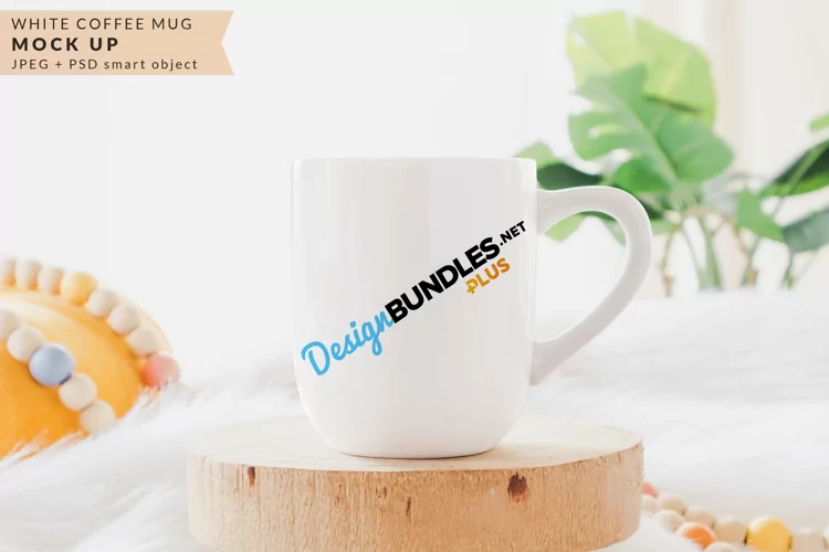 White Coffee Mug on Round Wood | Mock up