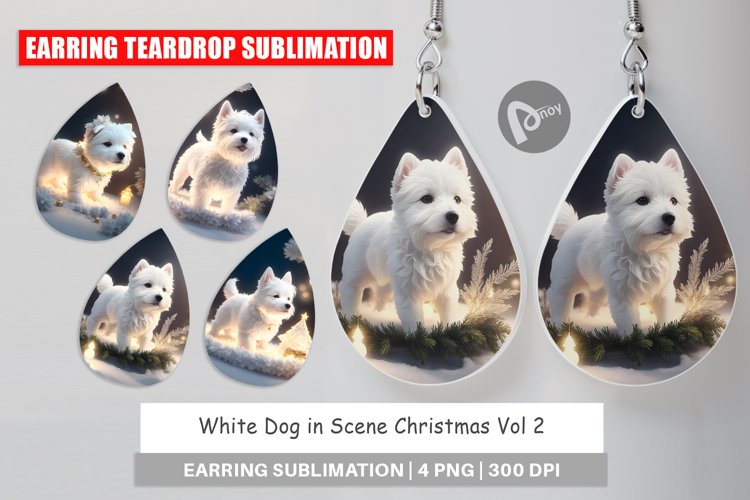 Earring teardrop design White Dog Scene Christmas example image 1