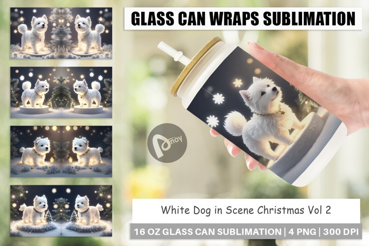 Glass Can Wraps White Dog Scene Christmas