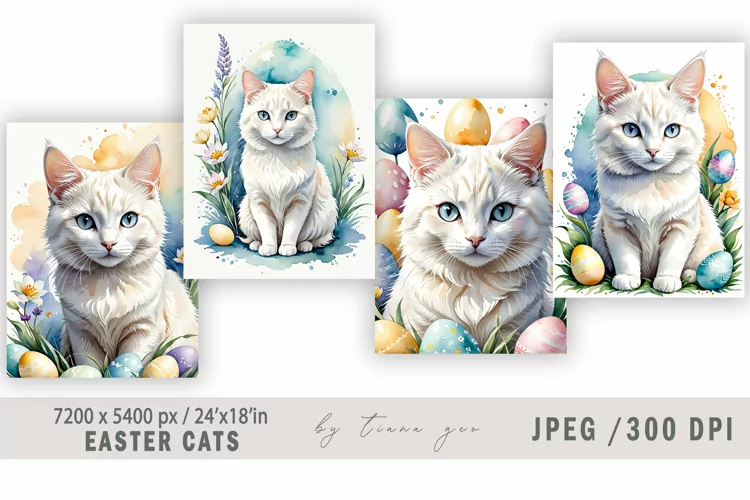 Cute watercolor Easter white cat illustration- 4 Jpeg