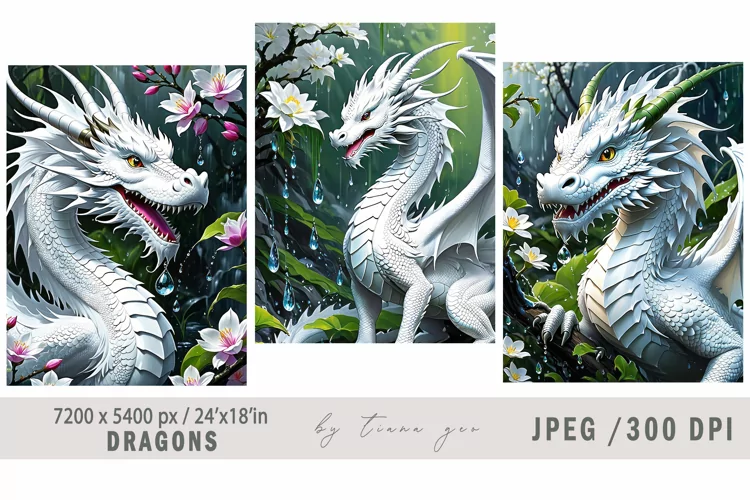 Watercolor floral white dragon illustrations - 3 Jpeg