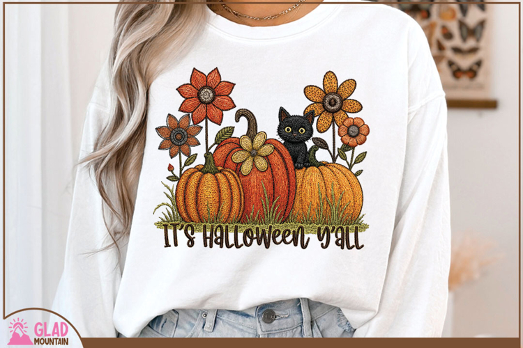 Faux embroidered It's Halloween Y'all pumpkins with kitty